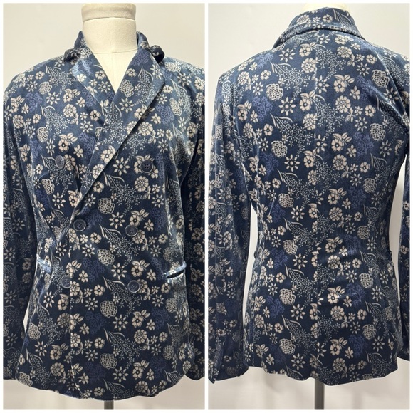 Navy blue beige floral print CAROLINA BELLE long sleeve blazer jacket XS - Picture 2 of 16